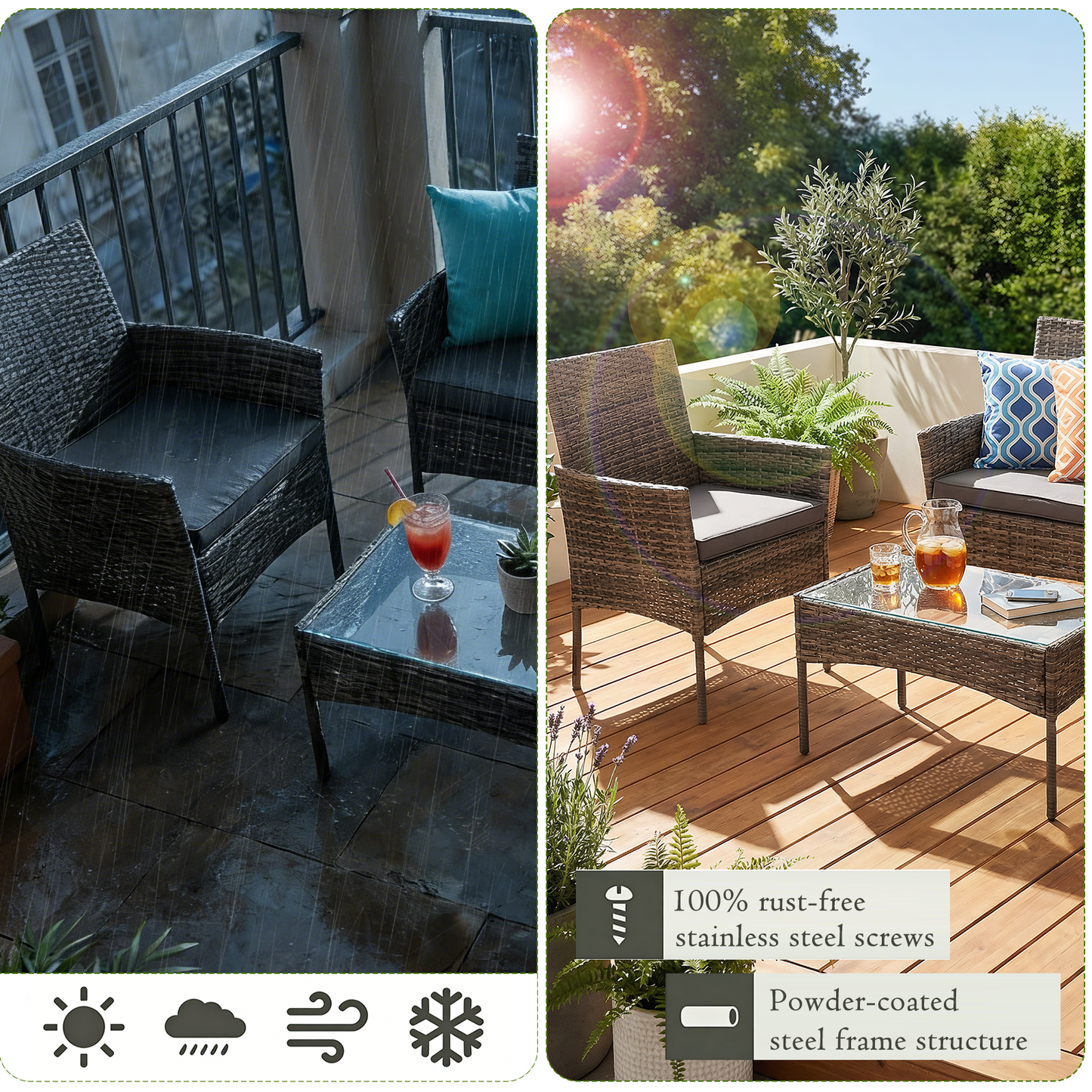 4-Piece Garden Sofa Set Wicker Rattan Patio Furniture Set Outdoor, Table & Sofas