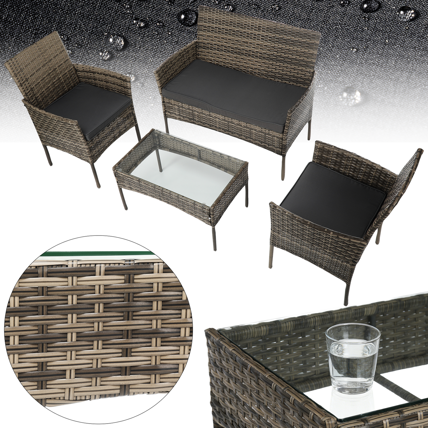 4-Piece Garden Sofa Set Wicker Rattan Patio Furniture Set Outdoor, Table & Sofas