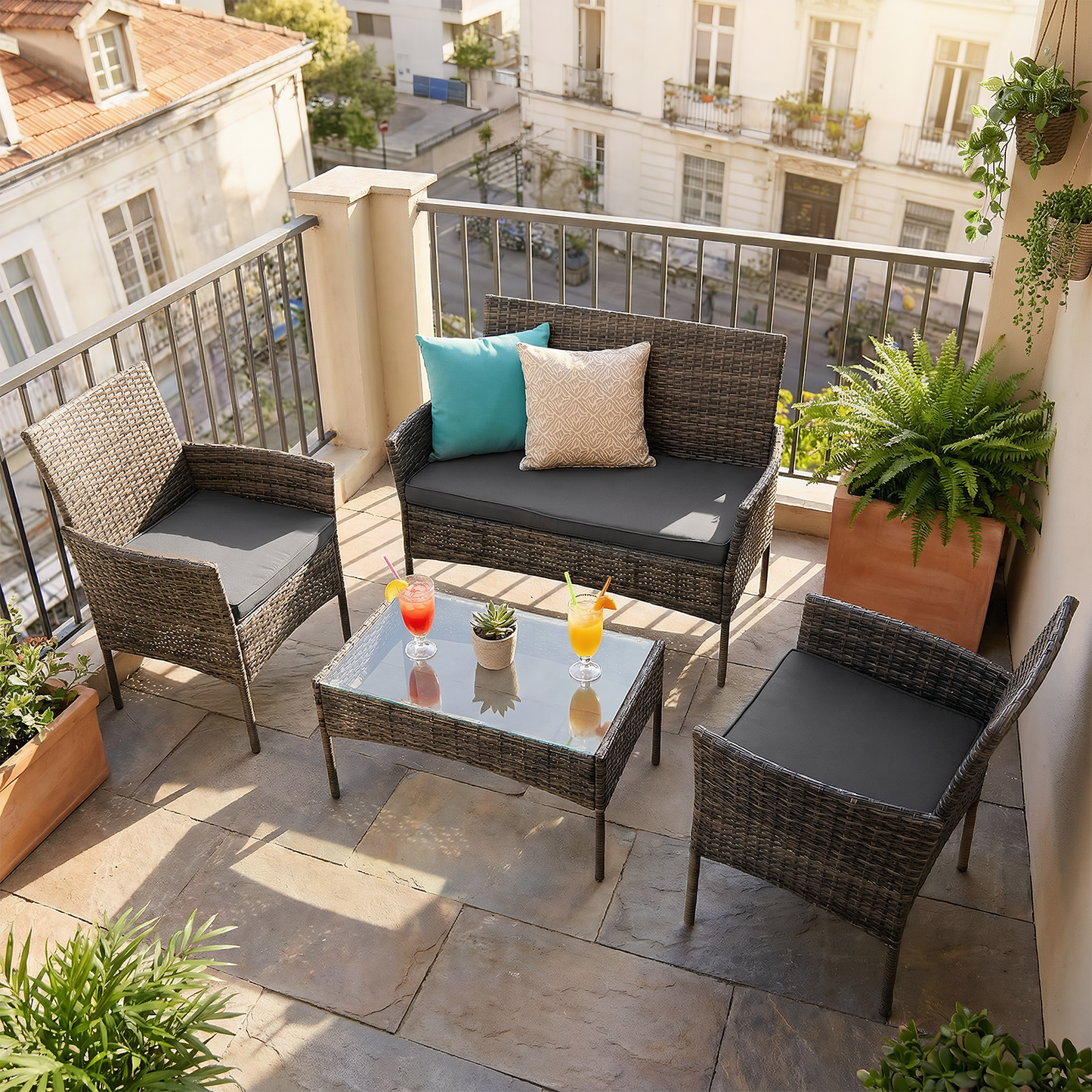 4-Piece Garden Sofa Set Wicker Rattan Patio Furniture Set Outdoor, Table & Sofas
