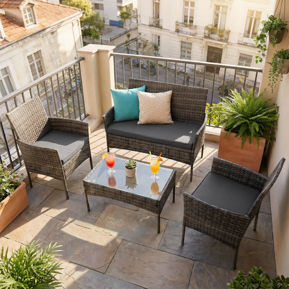 4-Piece Garden Sofa Set Wicker Rattan Patio Furniture Set Outdoor, Table & Sofas