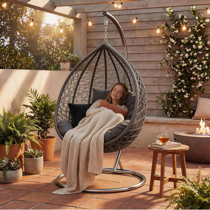 Hanging Egg Chair Swing with Thick Cushions – Rattan Patio Chair for Garden