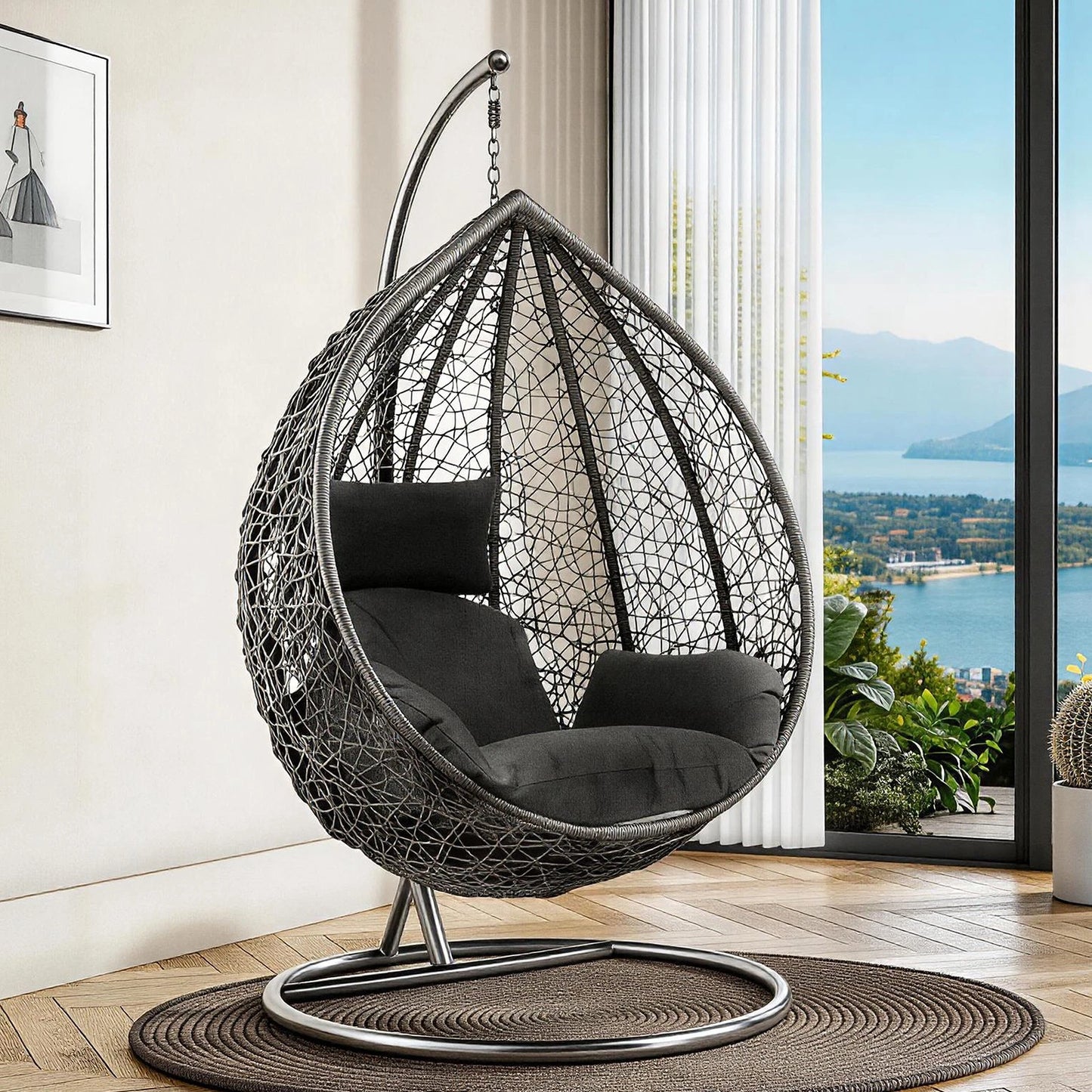 Hanging Egg Chair Swing with Thick Cushions – Rattan Patio Chair for Garden