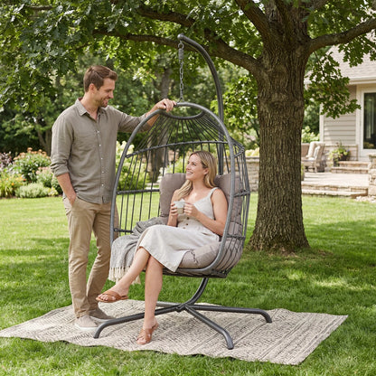 Hanging Rattan Egg Chair Garden Swing Chairs Patio Indoor Outdoor With Cushions