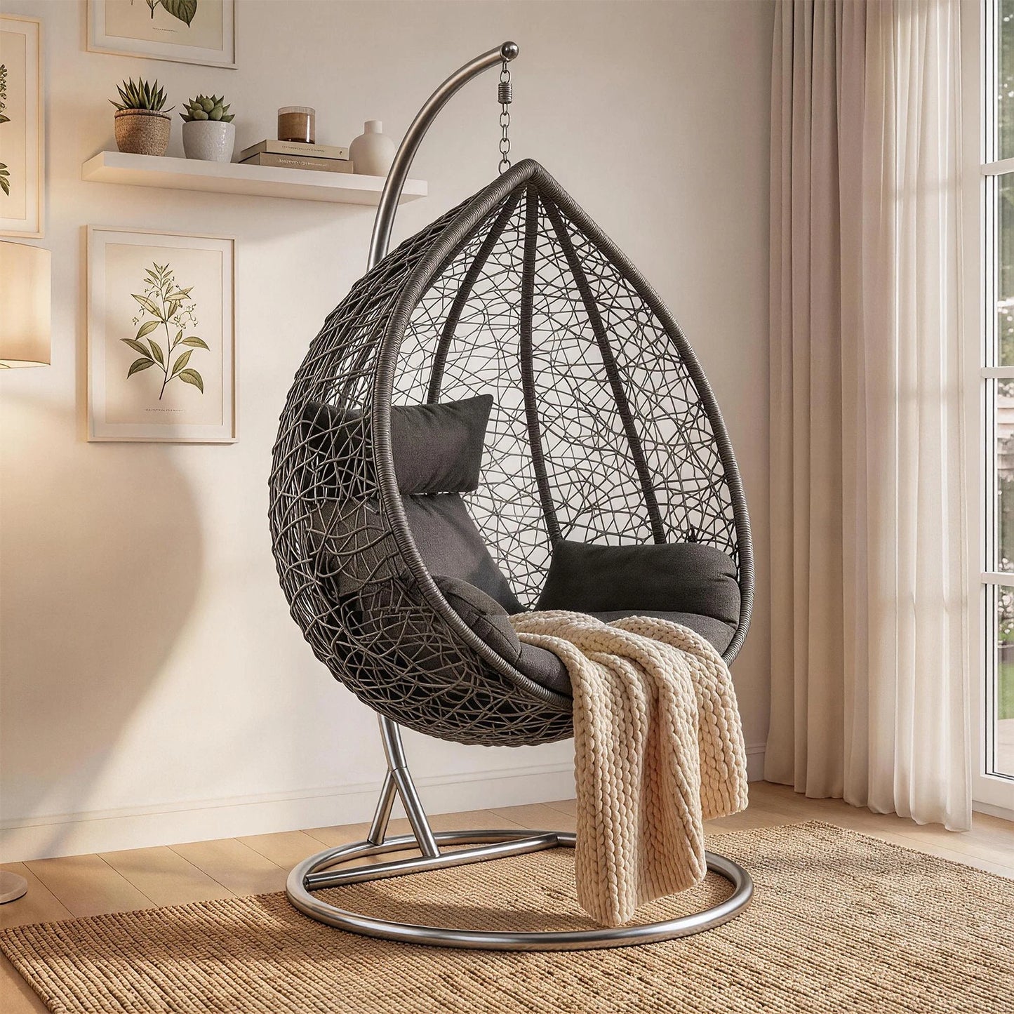 Hanging Egg Chair Swing with Thick Cushions – Rattan Patio Chair for Garden