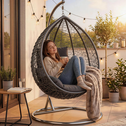 Hanging Egg Chair Swing with Thick Cushions – Rattan Patio Chair for Garden