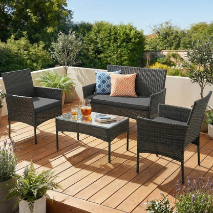 4-Piece Garden Sofa Set Wicker Rattan Patio Furniture Set Outdoor, Table & Sofas
